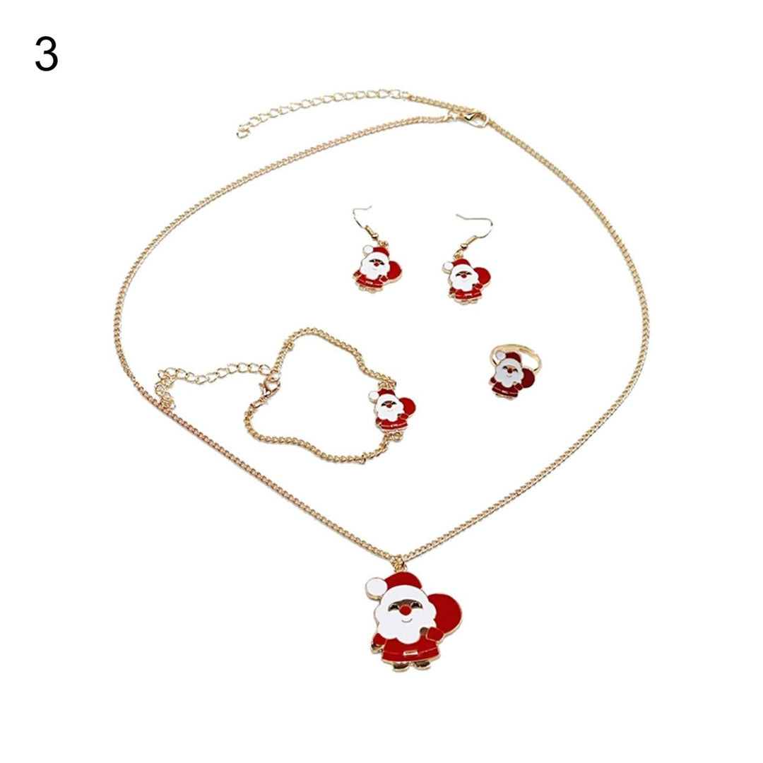 4Pcs Elk Pendant Bright Color Necklace Earrings Ring Bracelet Set Alloy Red Christmas Hat Moon Pendant Jewelry Set Image 4