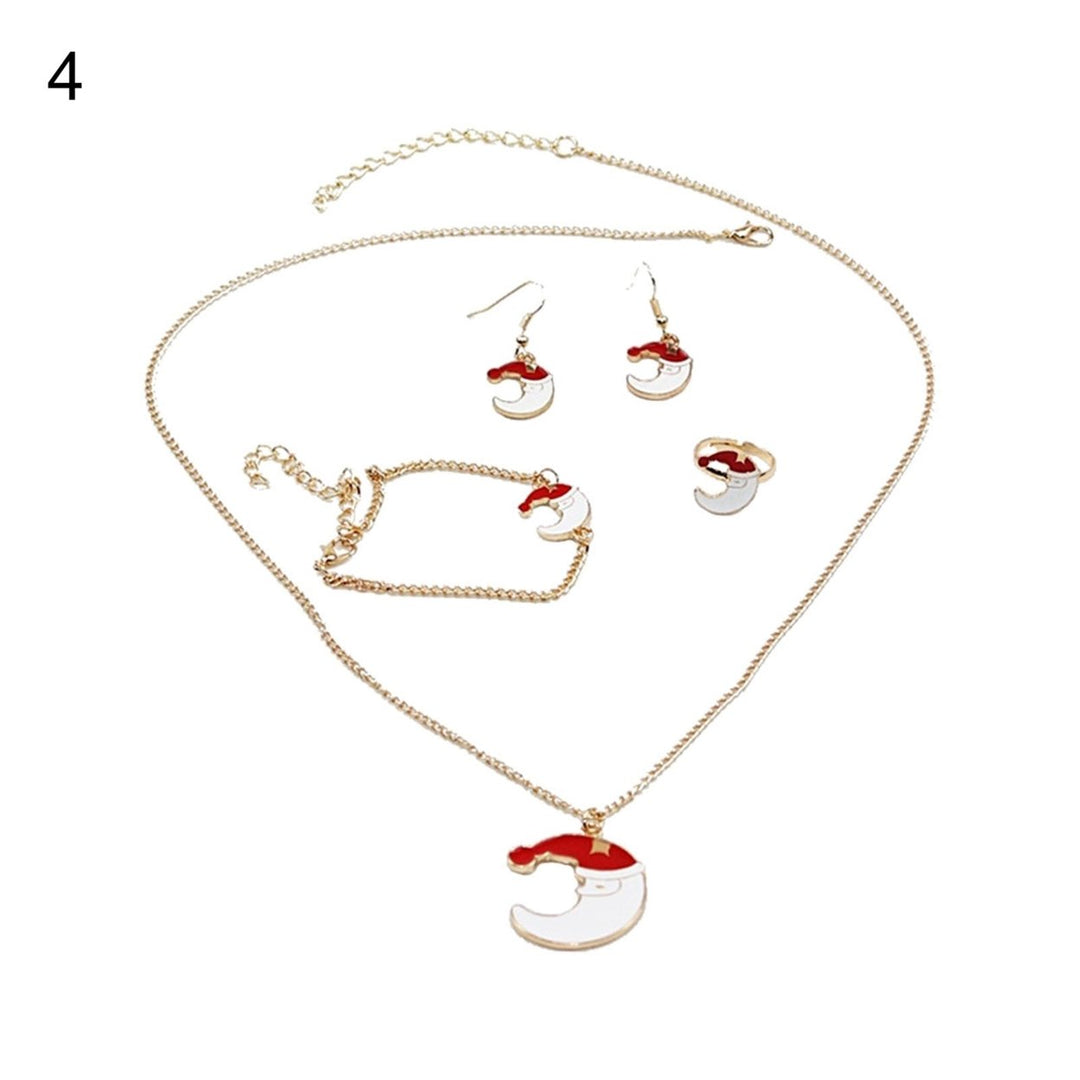 4Pcs Elk Pendant Bright Color Necklace Earrings Ring Bracelet Set Alloy Red Christmas Hat Moon Pendant Jewelry Set Image 4