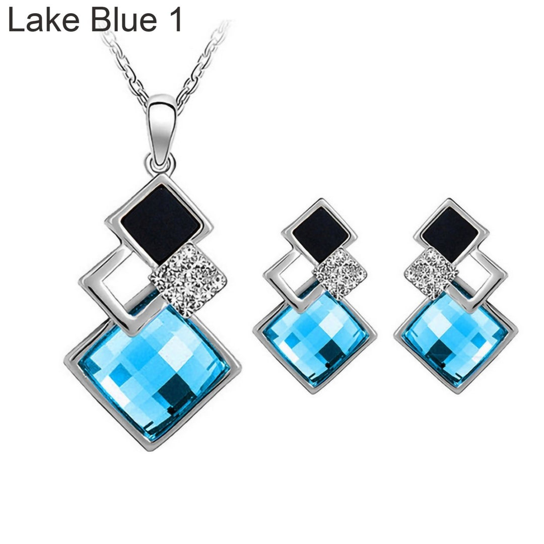 2Pcs Geometric Pendant Necklace Earrings Set Faux Crystal Alloy Shiny Bridal Stud Earrings Necklace Set Jewelry Image 4