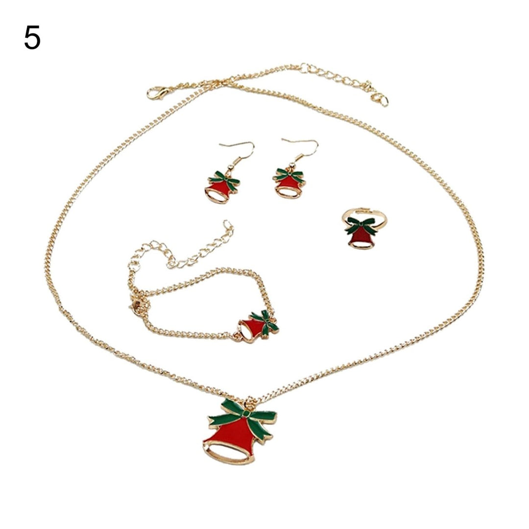 4Pcs Elk Pendant Bright Color Necklace Earrings Ring Bracelet Set Alloy Red Christmas Hat Moon Pendant Jewelry Set Image 6