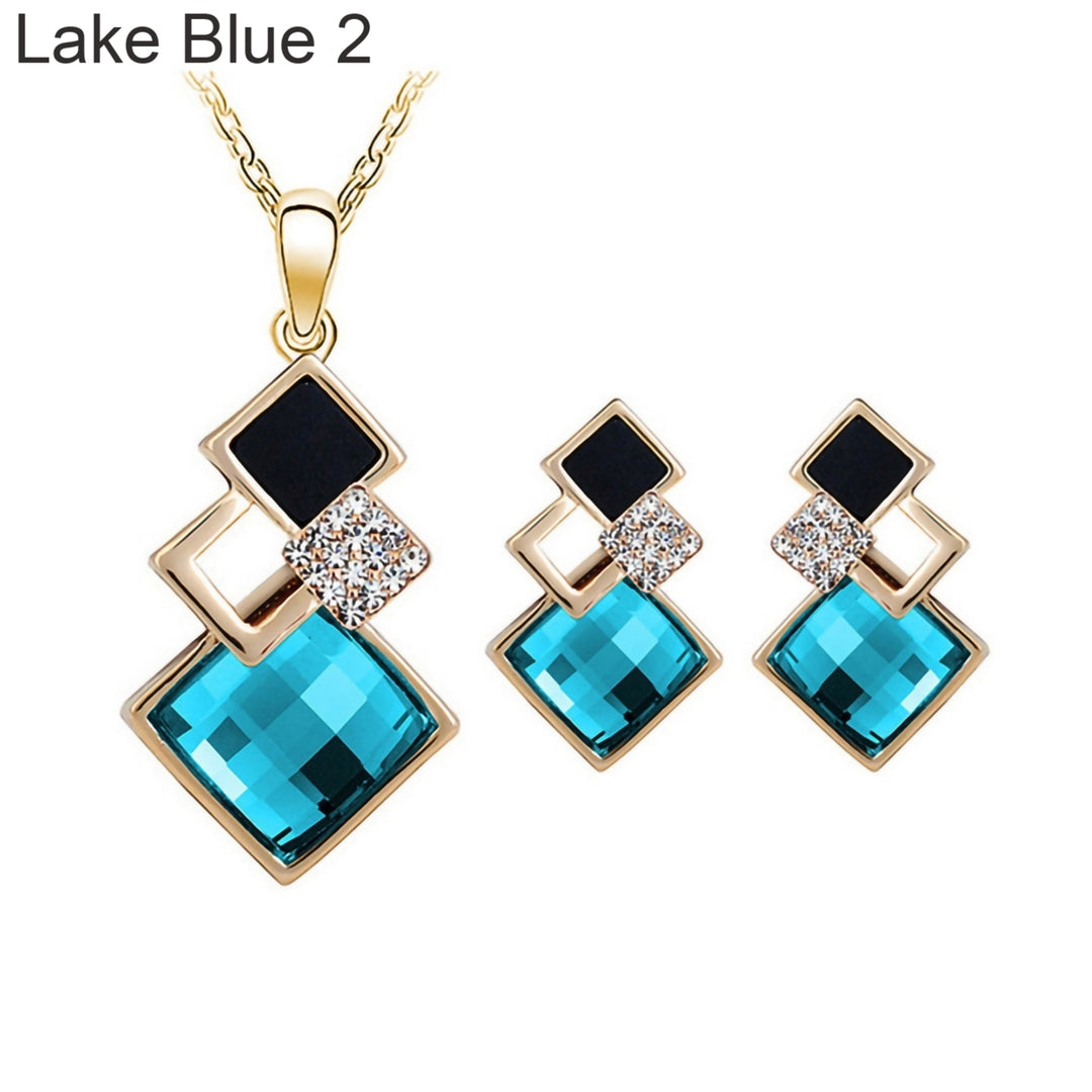 2Pcs Geometric Pendant Necklace Earrings Set Faux Crystal Alloy Shiny Bridal Stud Earrings Necklace Set Jewelry Image 4