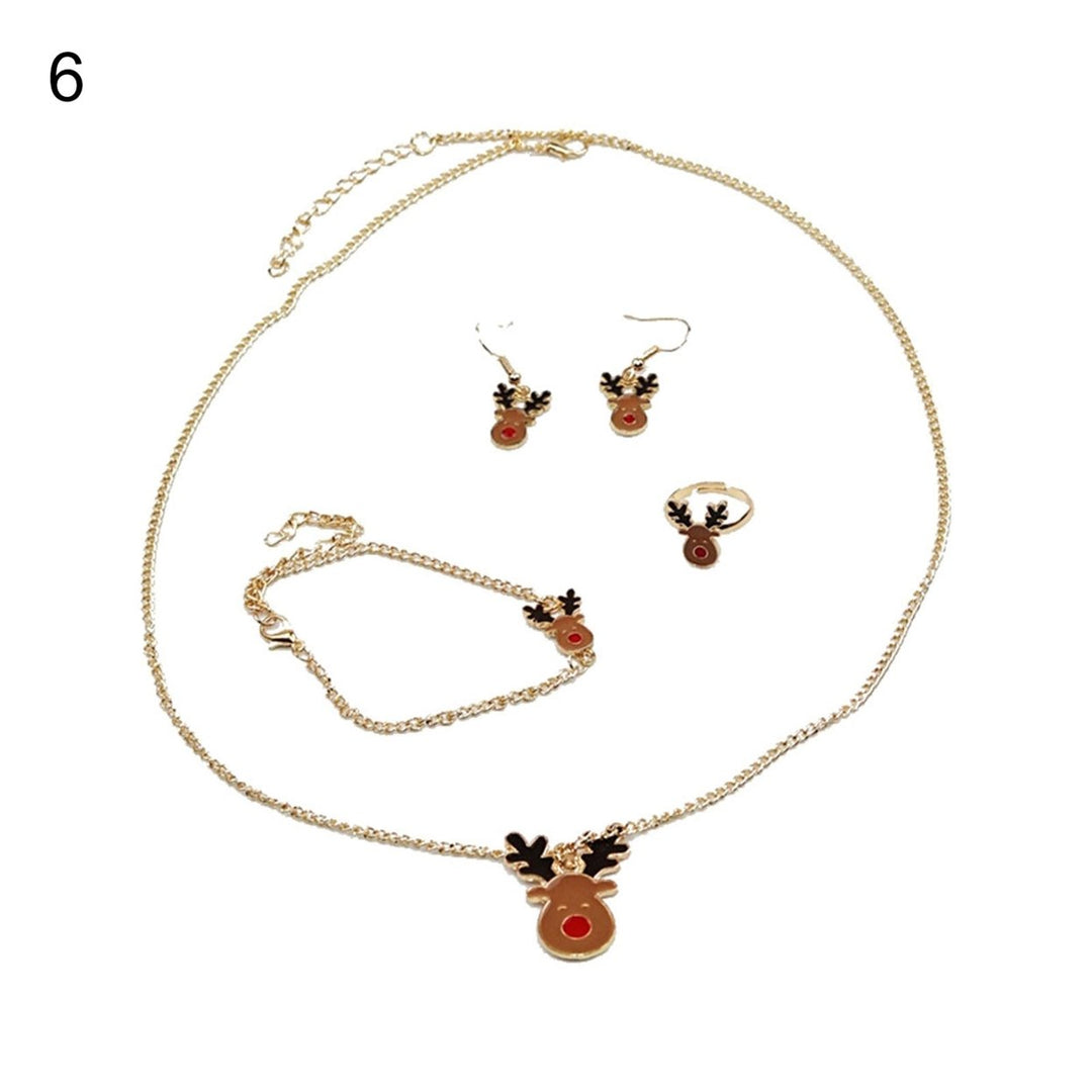 4Pcs Elk Pendant Bright Color Necklace Earrings Ring Bracelet Set Alloy Red Christmas Hat Moon Pendant Jewelry Set Image 7