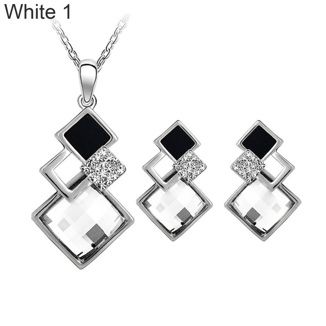 2Pcs Geometric Pendant Necklace Earrings Set Faux Crystal Alloy Shiny Bridal Stud Earrings Necklace Set Jewelry Image 6