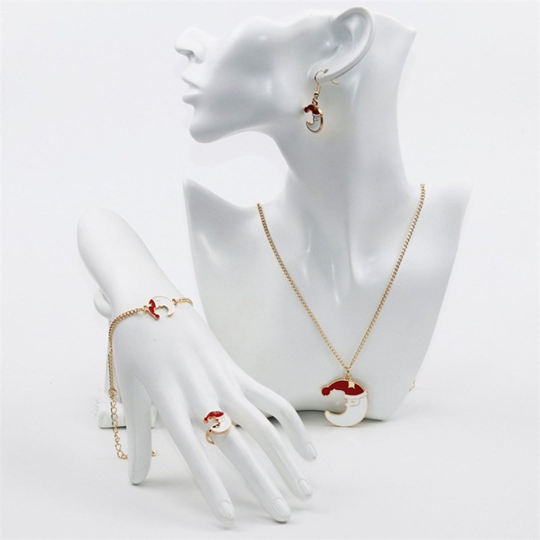 4Pcs Elk Pendant Bright Color Necklace Earrings Ring Bracelet Set Alloy Red Christmas Hat Moon Pendant Jewelry Set Image 8