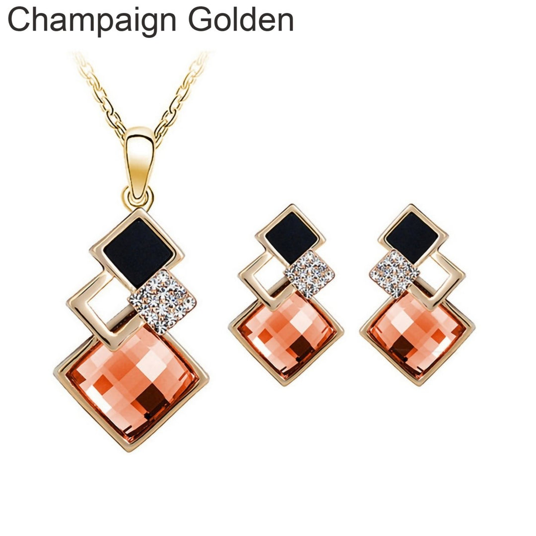 2Pcs Geometric Pendant Necklace Earrings Set Faux Crystal Alloy Shiny Bridal Stud Earrings Necklace Set Jewelry Image 7