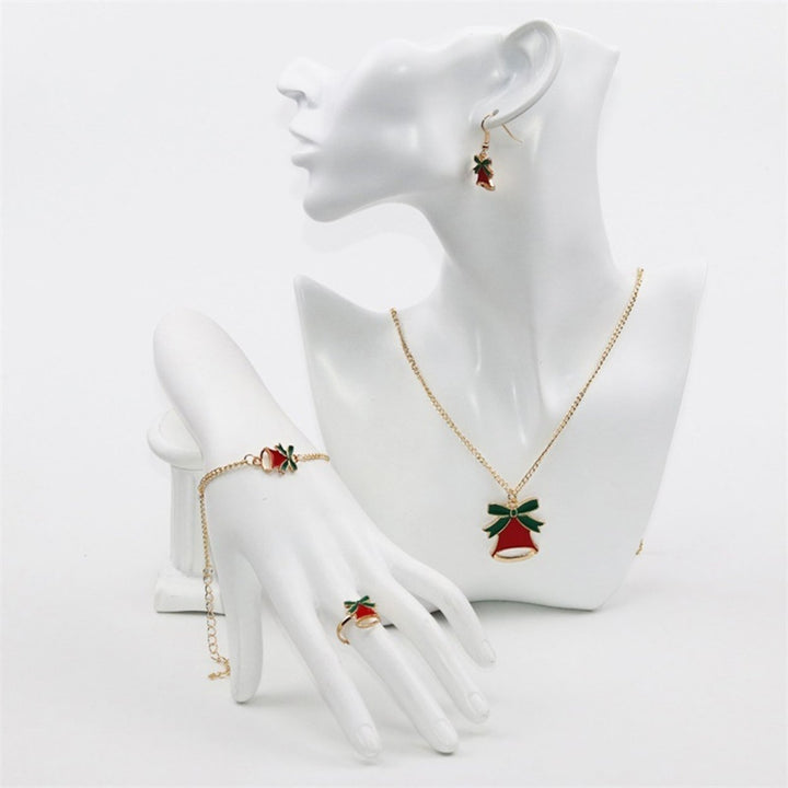 4Pcs Elk Pendant Bright Color Necklace Earrings Ring Bracelet Set Alloy Red Christmas Hat Moon Pendant Jewelry Set Image 9