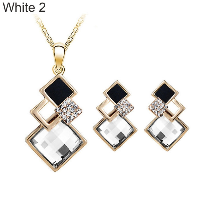 2Pcs Geometric Pendant Necklace Earrings Set Faux Crystal Alloy Shiny Bridal Stud Earrings Necklace Set Jewelry Image 8