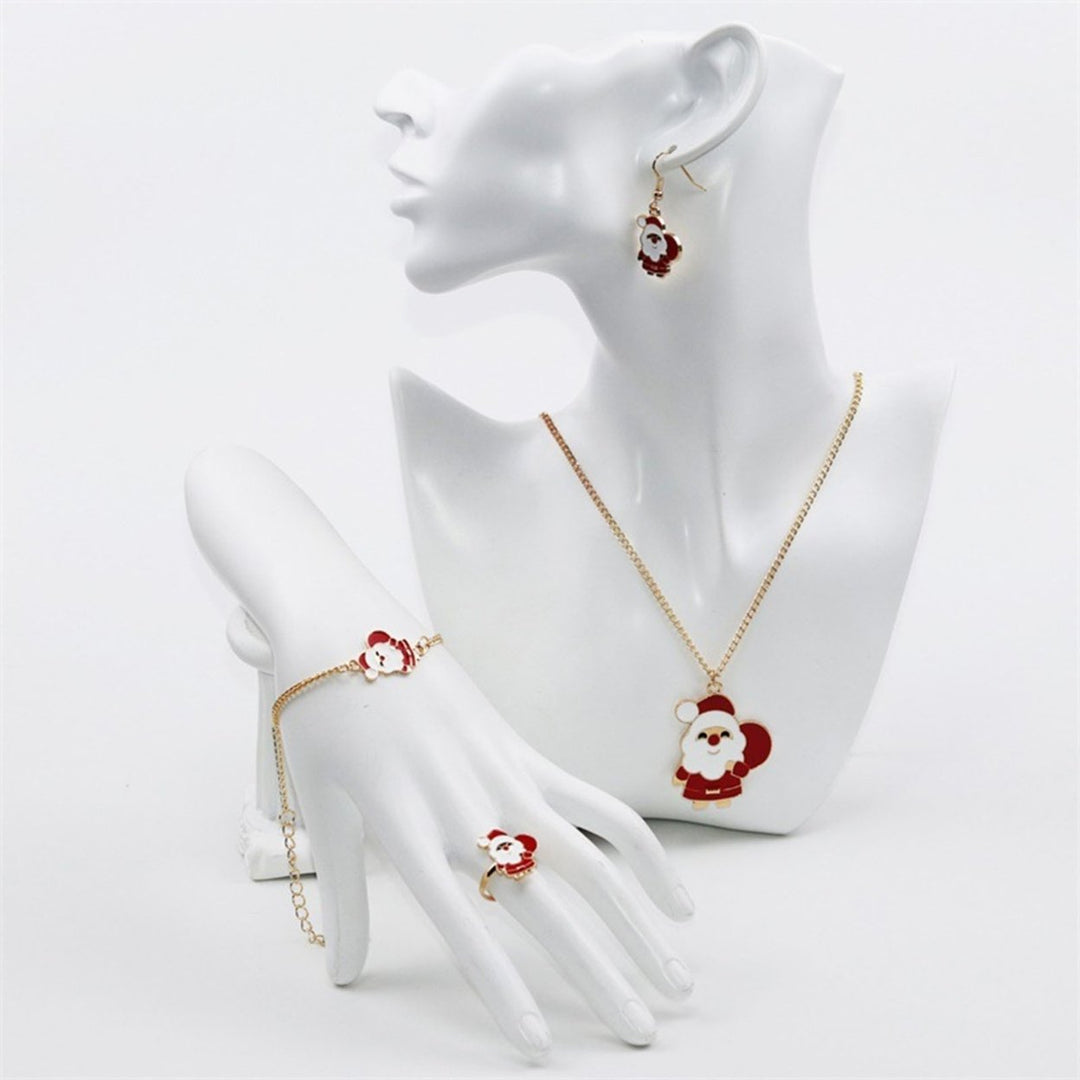 4Pcs Elk Pendant Bright Color Necklace Earrings Ring Bracelet Set Alloy Red Christmas Hat Moon Pendant Jewelry Set Image 12