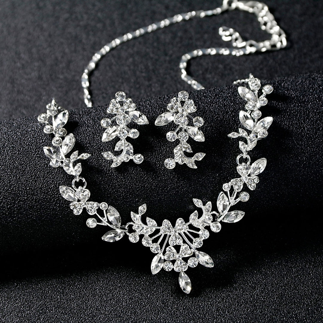 Women Wedding Party Rhinestone Shiny Floral Necklace Earrings Jewelry Set Gift Image 1