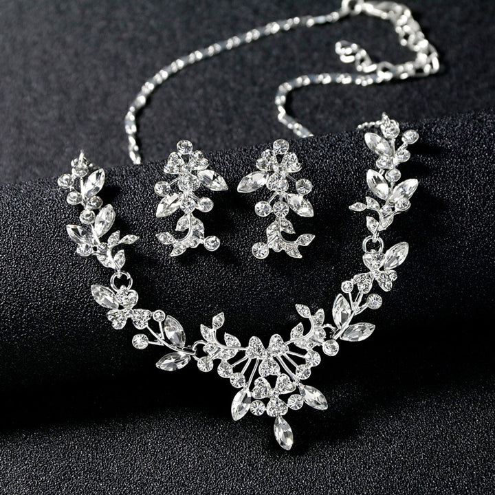 Women Wedding Party Rhinestone Shiny Floral Necklace Earrings Jewelry Set Gift Image 1