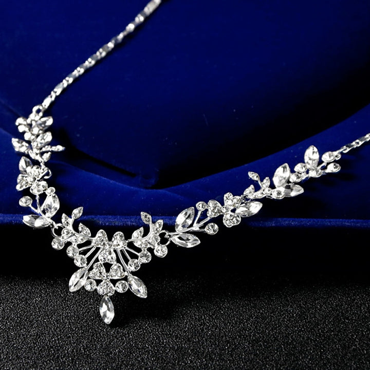 Women Wedding Party Rhinestone Shiny Floral Necklace Earrings Jewelry Set Gift Image 2