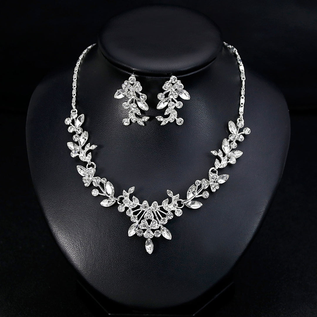 Women Wedding Party Rhinestone Shiny Floral Necklace Earrings Jewelry Set Gift Image 4