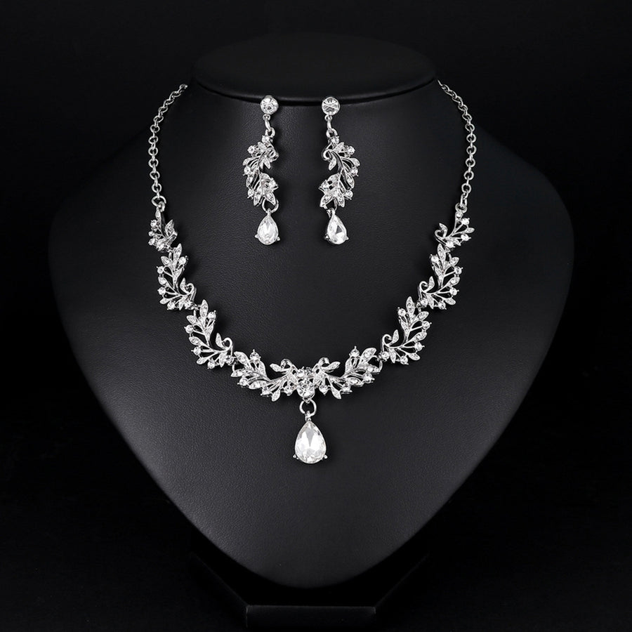 1 Set Bridal Necklace Earrings Leaf Rhinestone Jewelry Adjustable Lightweight Jewelry Set for Wedding Image 1