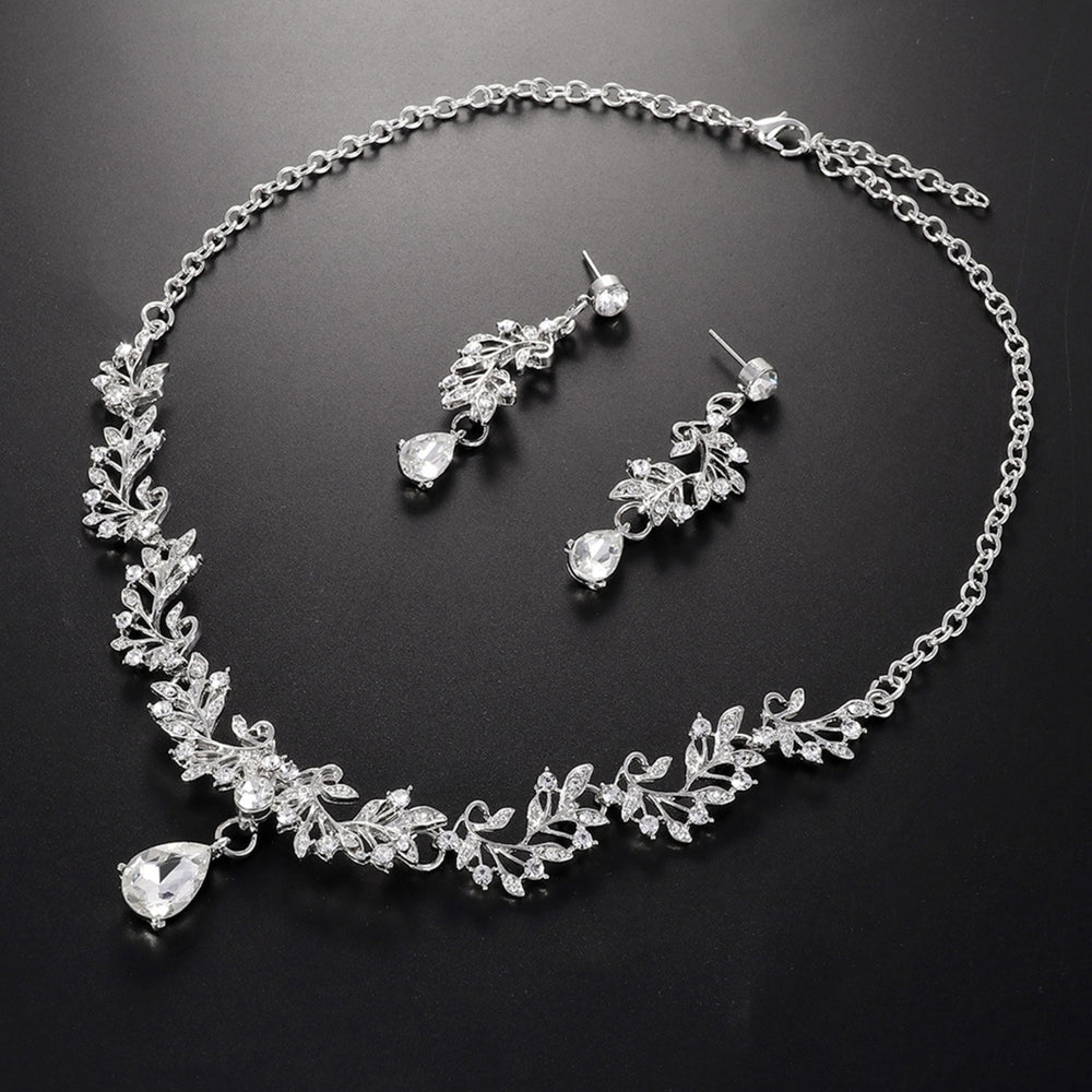 1 Set Bridal Necklace Earrings Leaf Rhinestone Jewelry Adjustable Lightweight Jewelry Set for Wedding Image 2