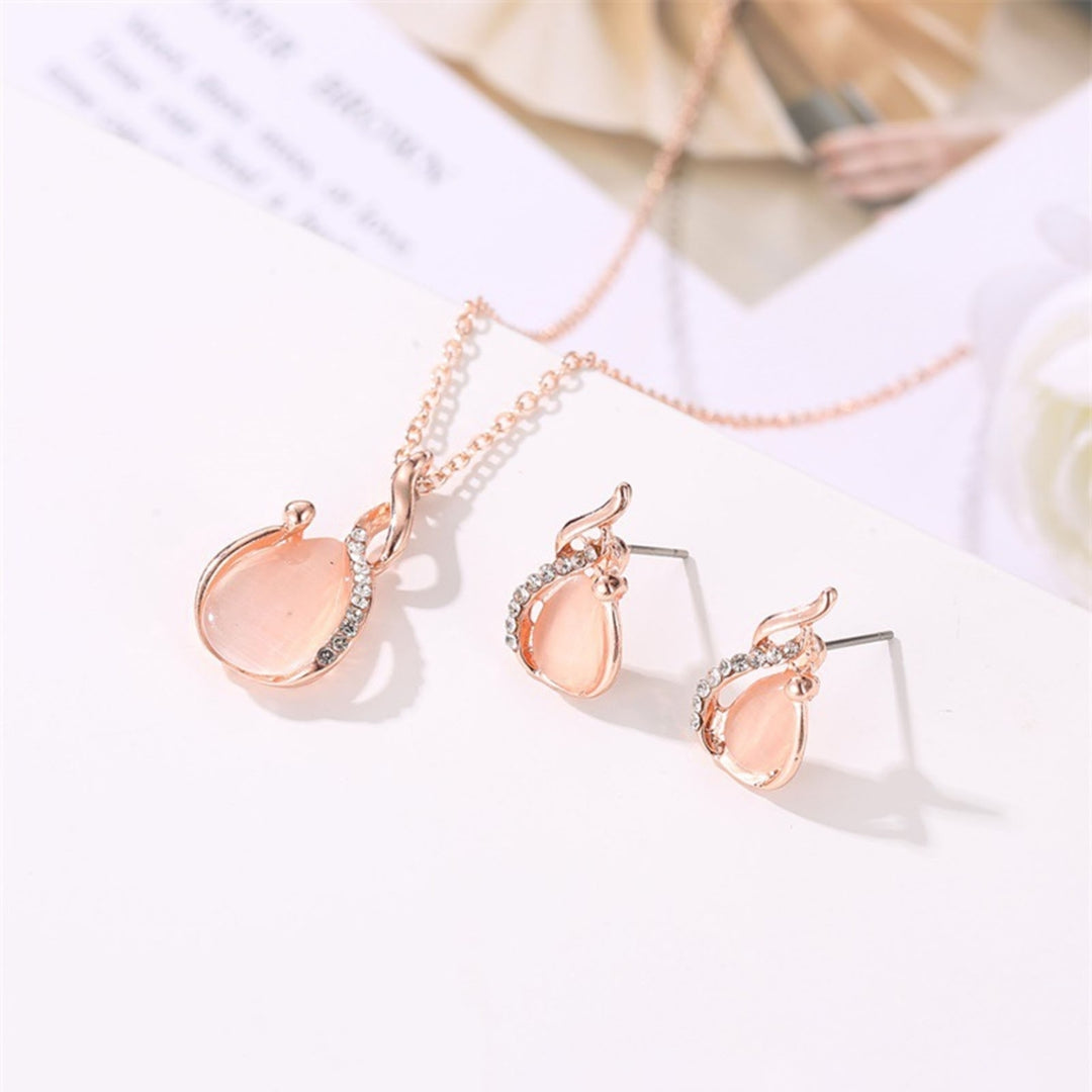 2Pcs Shiny Noble Necklace Earrings Set Alloy Water Drop Faux Opal Pendant Necklace Earrings Jewelry Accessory Image 1