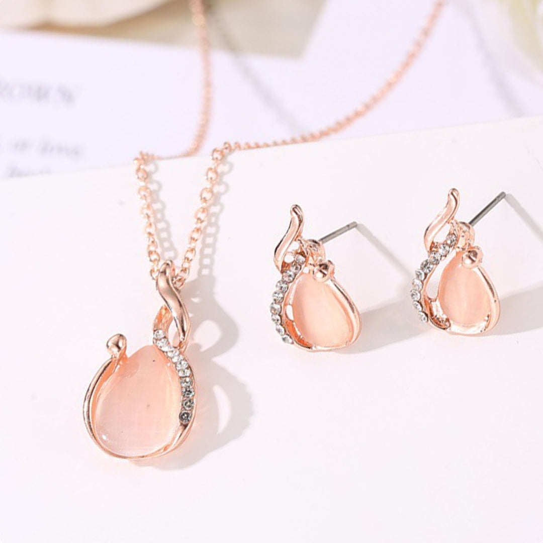 2Pcs Shiny Noble Necklace Earrings Set Alloy Water Drop Faux Opal Pendant Necklace Earrings Jewelry Accessory Image 7