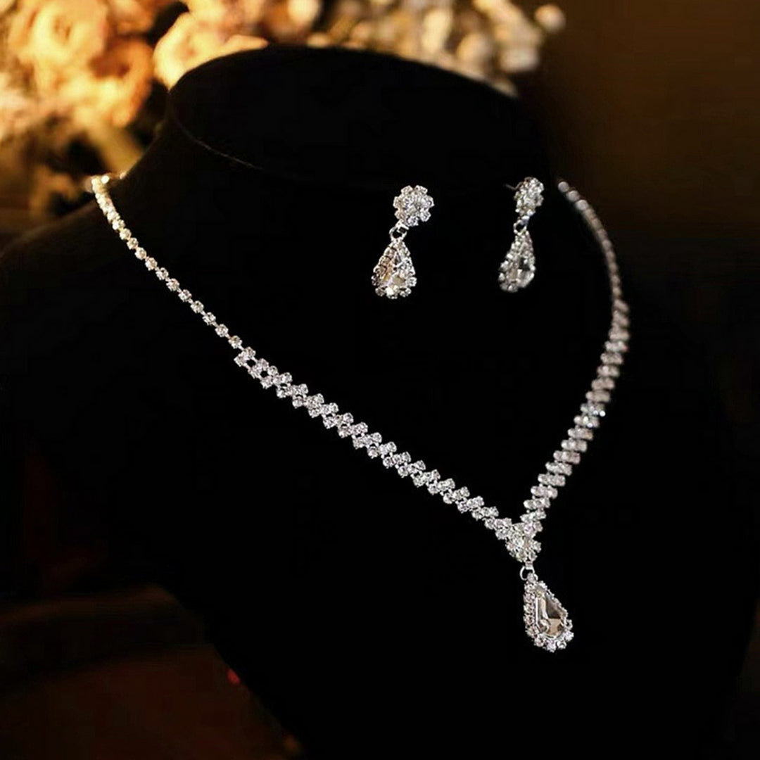 1 Set Bridal Necklace Earrings Water Drop-shaped Rhinestone Jewelry Korean Style Sparkling Jewelry Set for Wedding Image 6