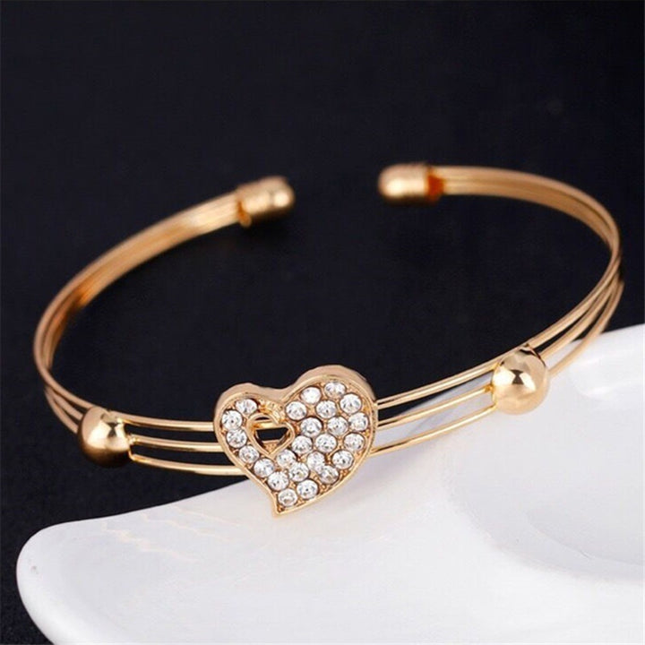 4 Pcs Women Jewelry Heart Shape Rhinestone Inlay Golden Color Shiny Lady Bracelet Ring Set for Wedding Image 4