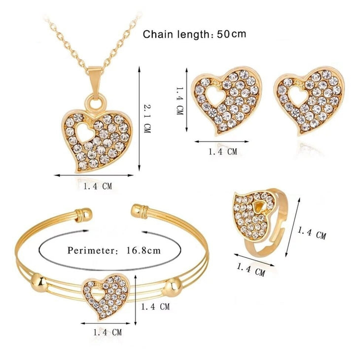 4 Pcs Women Jewelry Heart Shape Rhinestone Inlay Golden Color Shiny Lady Bracelet Ring Set for Wedding Image 4