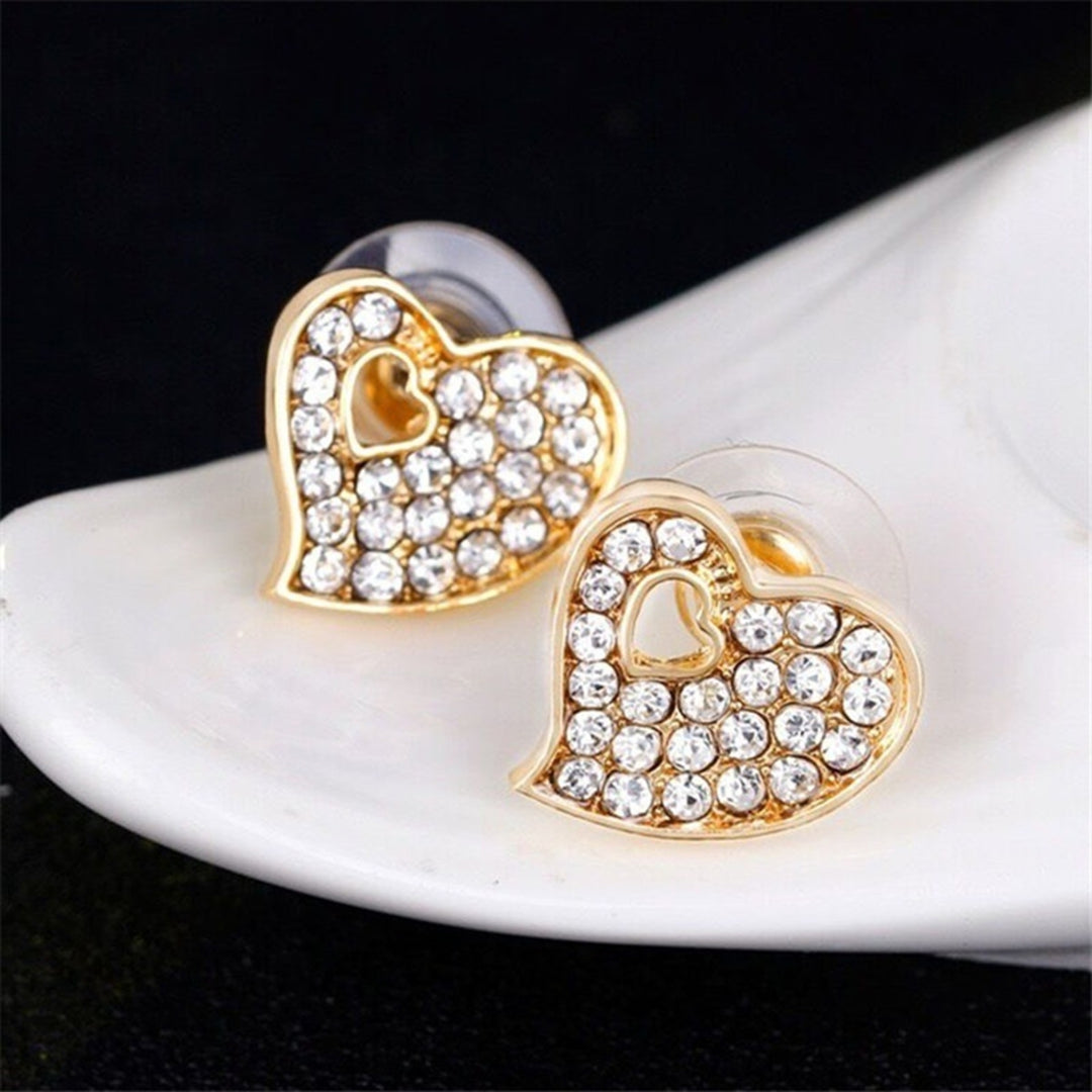 4 Pcs Women Jewelry Heart Shape Rhinestone Inlay Golden Color Shiny Lady Bracelet Ring Set for Wedding Image 6