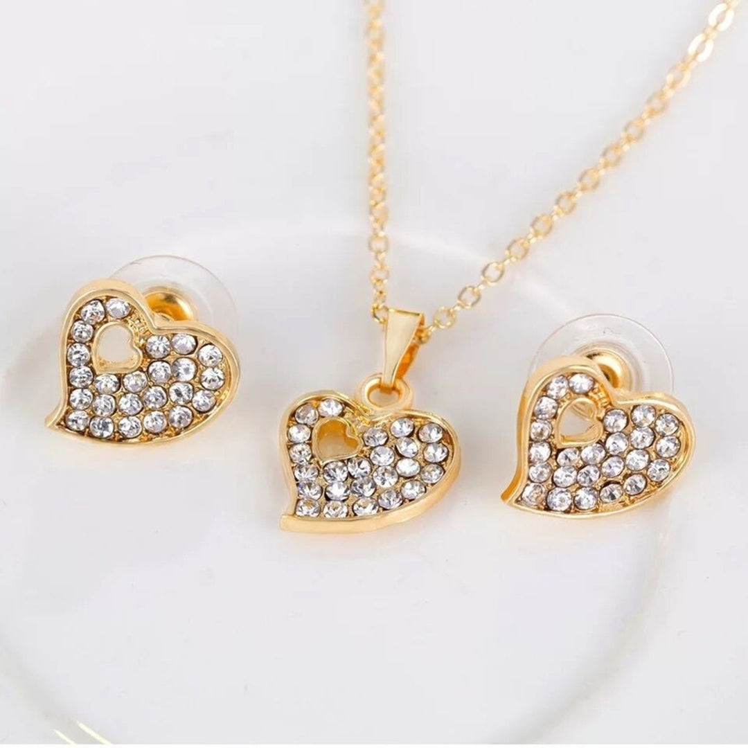 4 Pcs Women Jewelry Heart Shape Rhinestone Inlay Golden Color Shiny Lady Bracelet Ring Set for Wedding Image 8