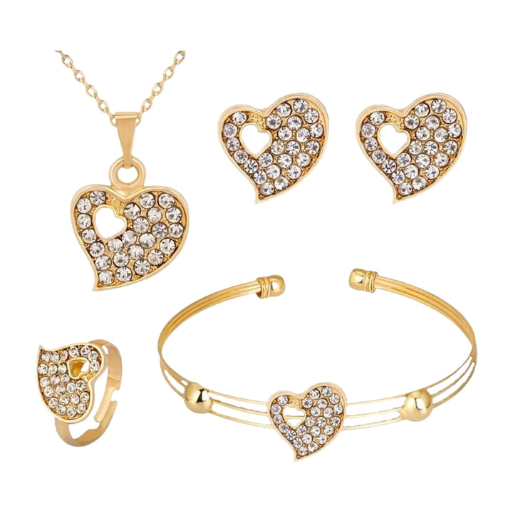 4 Pcs Women Jewelry Heart Shape Rhinestone Inlay Golden Color Shiny Lady Bracelet Ring Set for Wedding Image 9