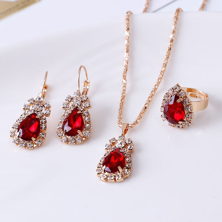 3Pcs Ladies Pendant Necklace Water Drop Shape Wear-resistant Accessory Elegant Necklace Dangle Earrings Ring Set for Image 7