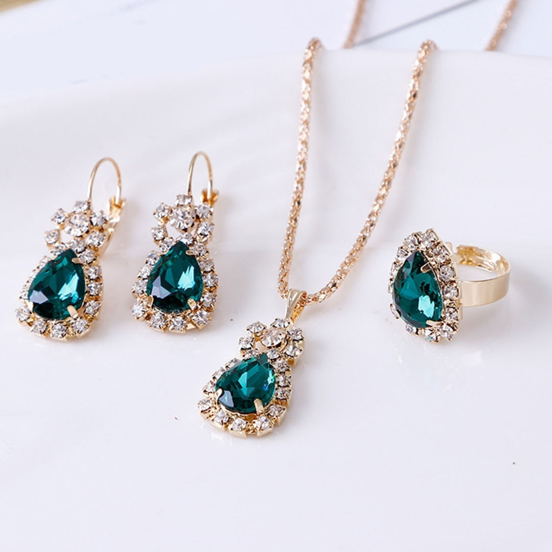 3Pcs Ladies Pendant Necklace Water Drop Shape Wear-resistant Accessory Elegant Necklace Dangle Earrings Ring Set for Image 8