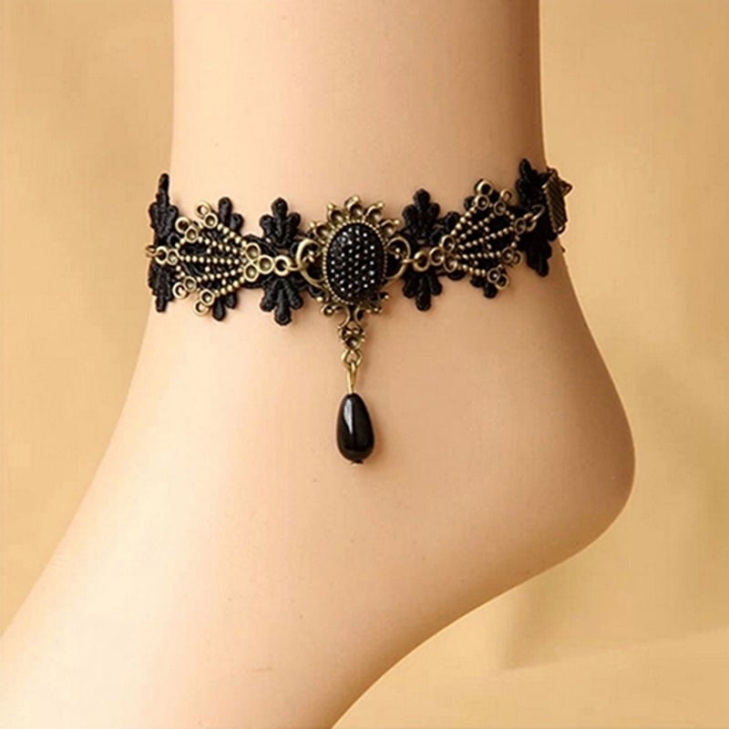 Women Vintage Black Floral Lace Anklet Chain Ankle Sandal Bracelet Foot Barefoot Image 1