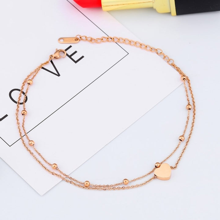 Women Heart Round Bead Charm Double Layer Anklet Foot Chain Bracelet Jewelry Image 3