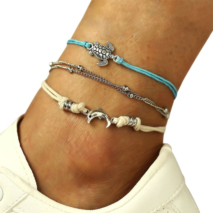 2Pcs/3Pcs Starfish Multilayer Women Anklets Retro Beads Shell Sea Turtle Anklets Foot Jewelry Image 1