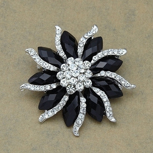 Womens Xmas Gift Blossom Flower Brooch Black Crystal Rhinstones Collar Pin Image 1