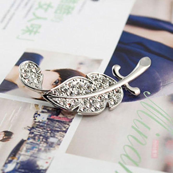 Women Fashion Leaf Silver Tone Rhinestone Brooch Pin Image 1