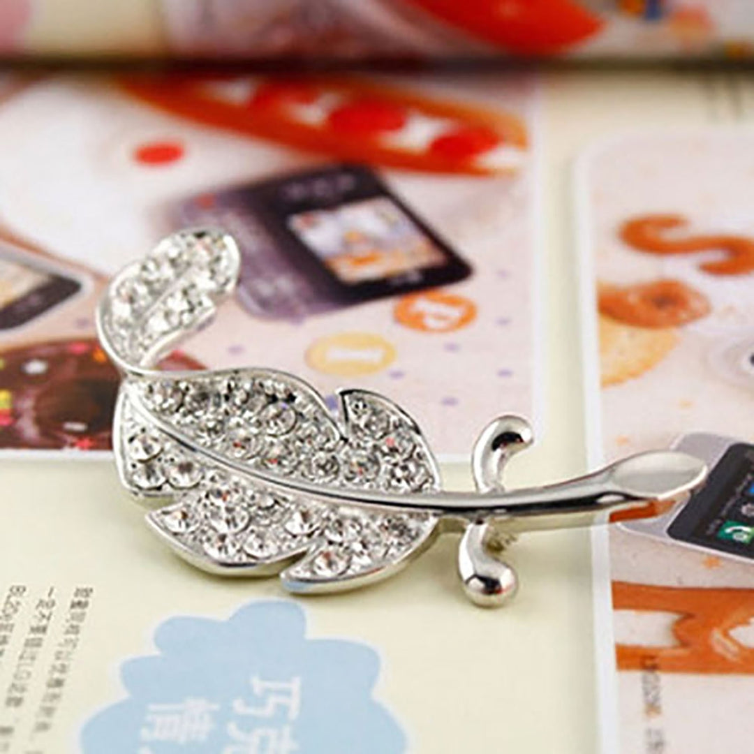 Women Fashion Leaf Silver Tone Rhinestone Brooch Pin Image 2