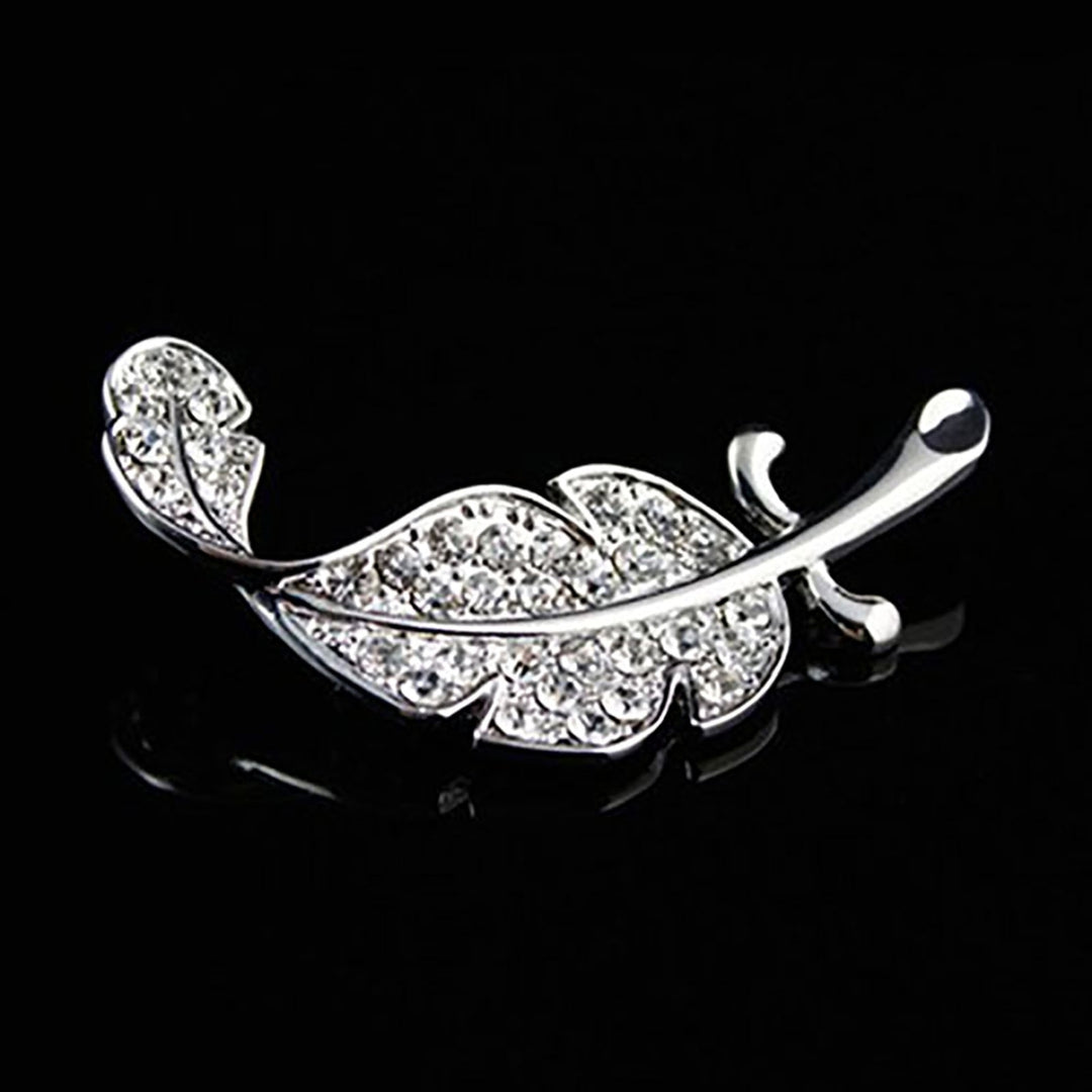 Women Fashion Leaf Silver Tone Rhinestone Brooch Pin Image 8