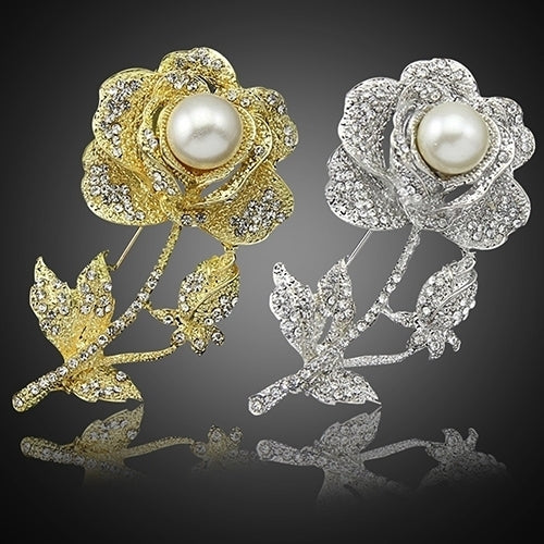 Womens Rose Flower Faux Pearl Rhinestone Brooch Pin Bridal Wedding Jewelry Gift Image 1