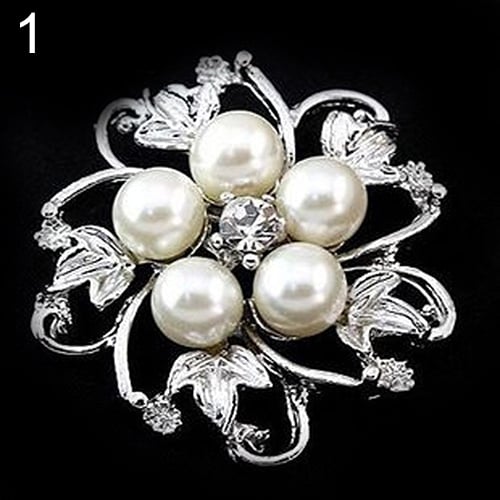 Faux Pearl Flower Brooch Collar Pin Rhinestone Crystal Bridal Jewelry Present Image 2