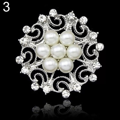 Faux Pearl Flower Brooch Collar Pin Rhinestone Crystal Bridal Jewelry Present Image 3