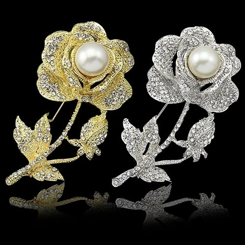 Womens Rose Flower Faux Pearl Rhinestone Brooch Pin Bridal Wedding Jewelry Gift Image 3