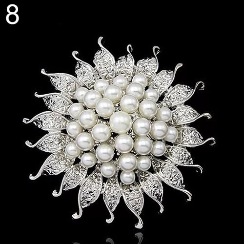 Faux Pearl Flower Brooch Collar Pin Rhinestone Crystal Bridal Jewelry Present Image 4