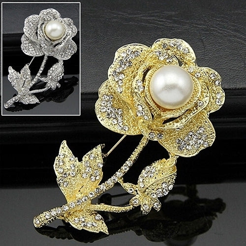 Womens Rose Flower Faux Pearl Rhinestone Brooch Pin Bridal Wedding Jewelry Gift Image 4