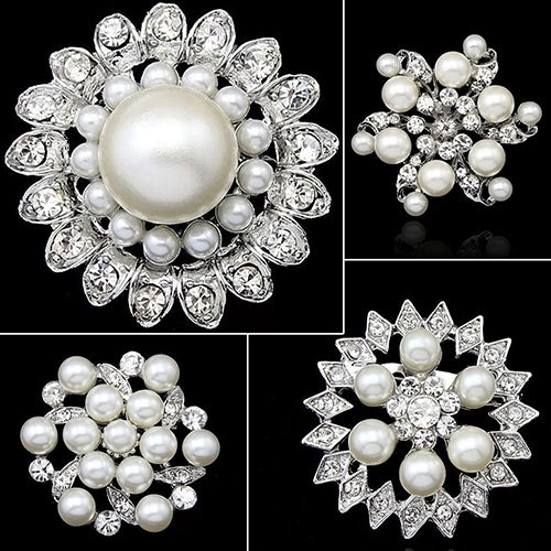 Faux Pearl Flower Brooch Collar Pin Rhinestone Crystal Bridal Jewelry Present Image 4