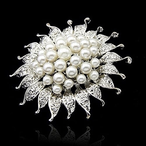 Faux Pearl Flower Brooch Collar Pin Rhinestone Crystal Bridal Jewelry Present Image 6