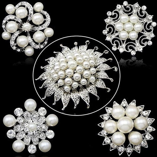 Faux Pearl Flower Brooch Collar Pin Rhinestone Crystal Bridal Jewelry Present Image 7