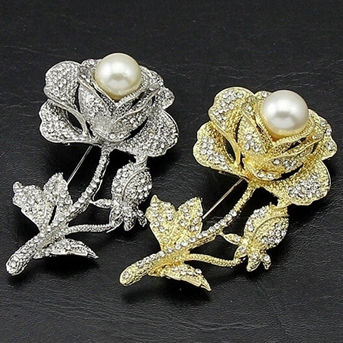 Womens Rose Flower Faux Pearl Rhinestone Brooch Pin Bridal Wedding Jewelry Gift Image 4