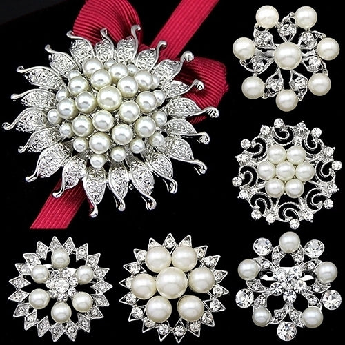 Faux Pearl Flower Brooch Collar Pin Rhinestone Crystal Bridal Jewelry Present Image 8