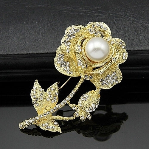 Womens Rose Flower Faux Pearl Rhinestone Brooch Pin Bridal Wedding Jewelry Gift Image 6