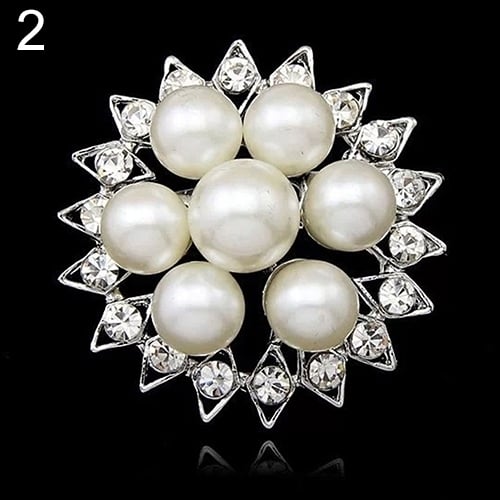 Faux Pearl Flower Brooch Collar Pin Rhinestone Crystal Bridal Jewelry Present Image 9