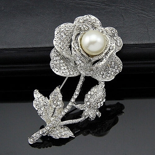 Womens Rose Flower Faux Pearl Rhinestone Brooch Pin Bridal Wedding Jewelry Gift Image 7