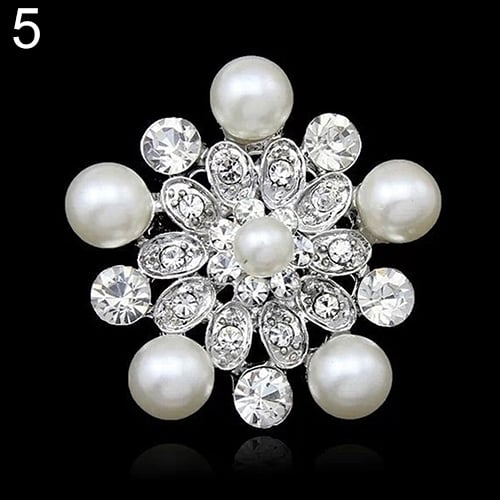 Faux Pearl Flower Brooch Collar Pin Rhinestone Crystal Bridal Jewelry Present Image 11